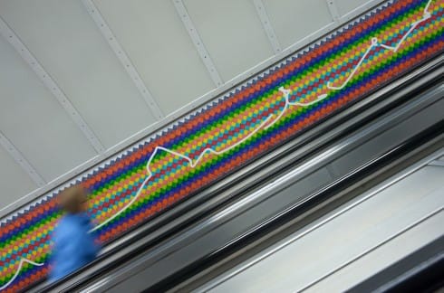 A LOCK IS A GATE &copy; Ruth Ewan 2011. Artwork for Bethnal Green station escalators. Photograph: Daisy Hutchison