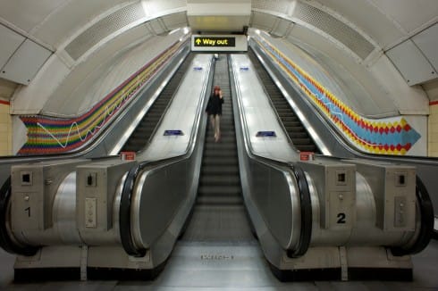 A LOCK IS A GATE &copy; Ruth Ewan 2011. Artwork for Bethnal Green station escalators. Photograph: Daisy Hutchison