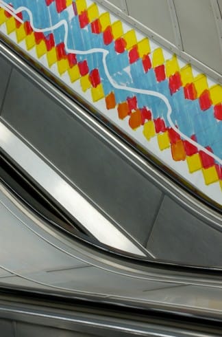 A LOCK IS A GATE &copy; Ruth Ewan 2011. Bethnal Green station escalators. Photograph: Daisy Hutchison