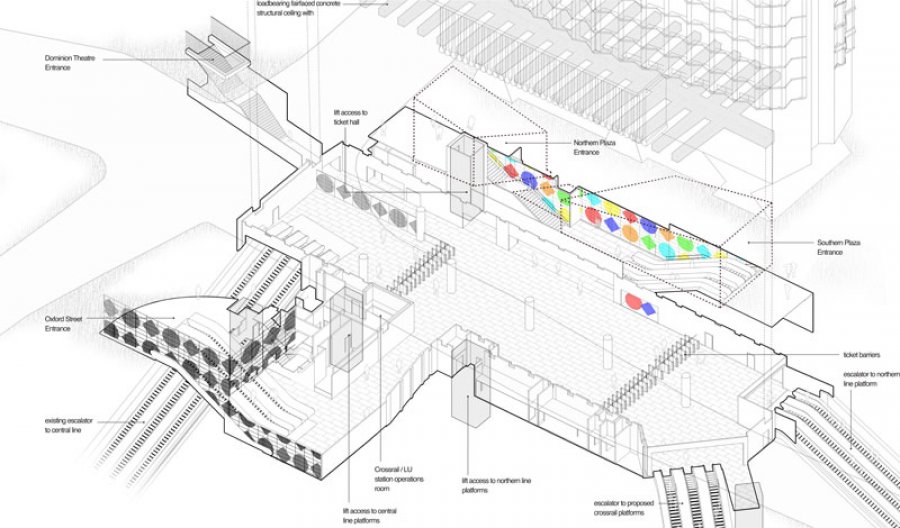 Axonometric showing ticket hall with Daniel Buren’s designs. (Image: architect's visualisation Hawkins Brown)