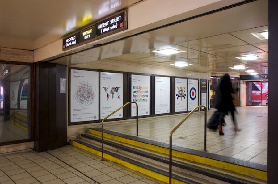 Tube map cover series installed in Piccadilly Circus, 2011. Photograph by Daisy Hutchison.