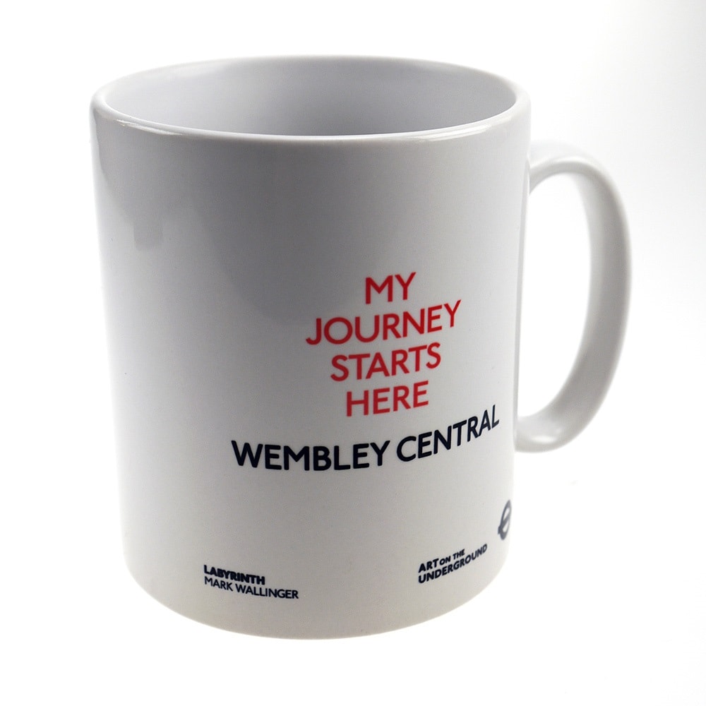Mug detail, text on mug reads My Journey Starts Here Wembley Central