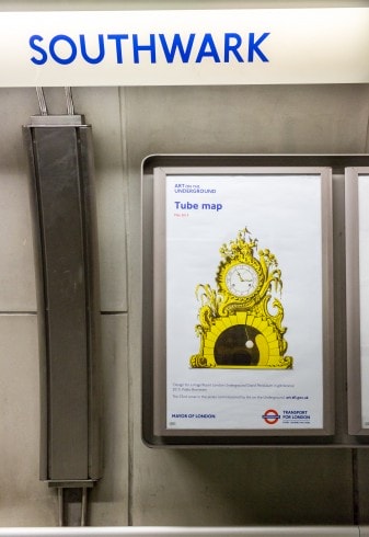 Design for a magnificent London Underground Grand Pendulum in gilt bronze, Pablo Bronstein, Tube Map cover, 2015
Photo: Benedict Johnson