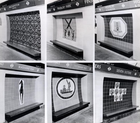 Contact print showing tiled motifs at rear of seat recesses on Victoria line platforms at Walthamstow 
Central, Finsbury Park, Highbury & Islington, Blackhorse Road, Tottenham Hale and Seven Sisters 
stations,  1969
Photograph Dr Heinz Zinram