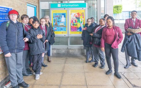 Lewisham Conisborough College students with the winning designs, Lewisham station, 2018. Photo: Benedict Johnson, 2018