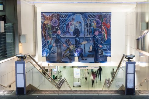 Denzil Forrester, 'Brixton Blue', 2019.  Photo by Angus Mill. Commissioned by Art on the Underground. © Denzil Forrester. Courtesy of the artist and Stephen Friedman Gallery, London


