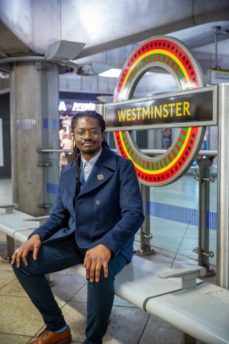 Larry Achiampong, ‘PAN AFRICAN FLAGS FOR THE RELIC TRAVELLERS’ ALLIANCE’ 2019. Commissioned by Art on the Underground. Photo: Benedict Johnson. © Larry Achiampong. Courtesy of the Artist & Copperfield, London