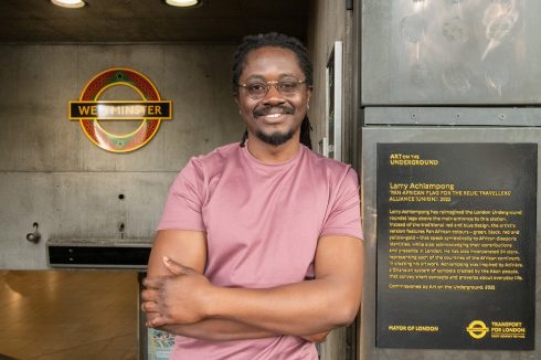 Larry Achiampong at the launch of his permanent artwork at Westminster, PAN AFRICAN FLAG FOR THE RELIC TRAVELLERS’ ALLIANCE (UNION),12 April 2022. Photo: Alastair Fyfe, 2022