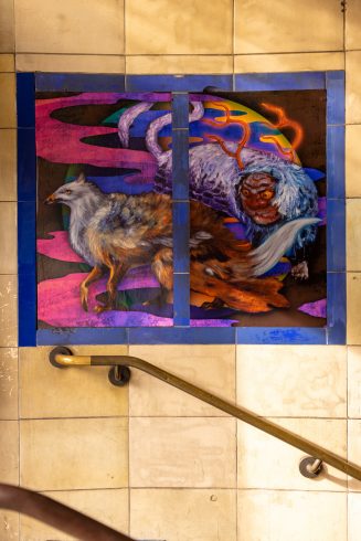 Zadie Xa, ‘Griffin and Guardian’ and ‘Underworlds Connect’, 2023. Aldgate East station. Commissioned by Art on the Underground. Photo: Benedict Johnson