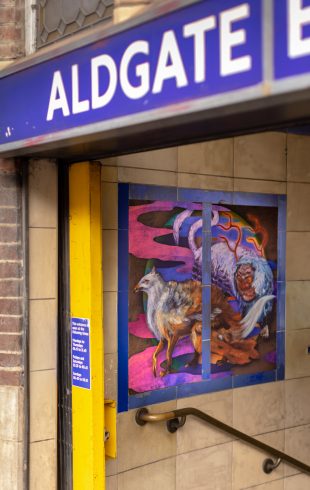 Zadie Xa, ‘Griffin and Guardian’ and ‘Underworlds Connect’, 2023. Aldgate East station. Commissioned by Art on the Underground. Photo: Benedict Johnson