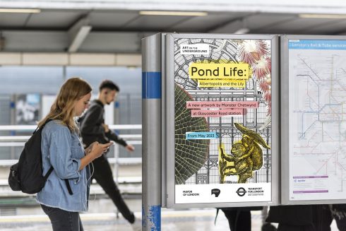 Poster for Monster Chetwynd's 'Pond Life: Albertopolis and the Lily', 2023. Gloucester Road station. Photo: Thierry Bal, 2023