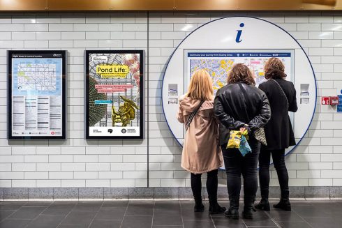 Poster for Monster Chetwynd's 'Pond Life: Albertopolis and the Lily', 2023. Gloucester Road station. Photo: Thierry Bal, 2023
