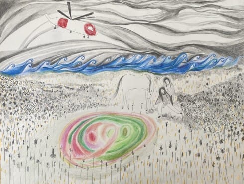Rory Pilgrim, Helicopter, 2023  
Pencil, crayon, and nail polish on paper, 31 × 41 cm, Courtesy of Maureen Paley   